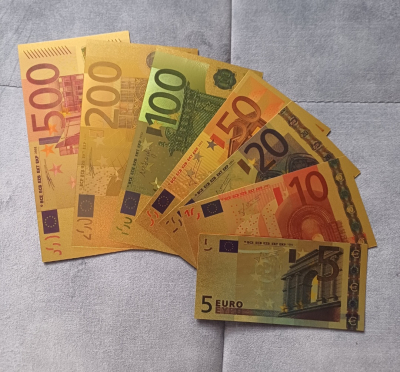7 Stück Euro Scheine im Set   24K vergoldet mit Farbauflage