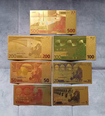 7 Stück Euro Scheine im Set   24K vergoldet mit Farbauflage