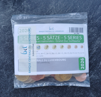 5 x KMS 1Cent-2Euro +2Euro Karlspreis - LUXEMBURG 2026 im Beutel